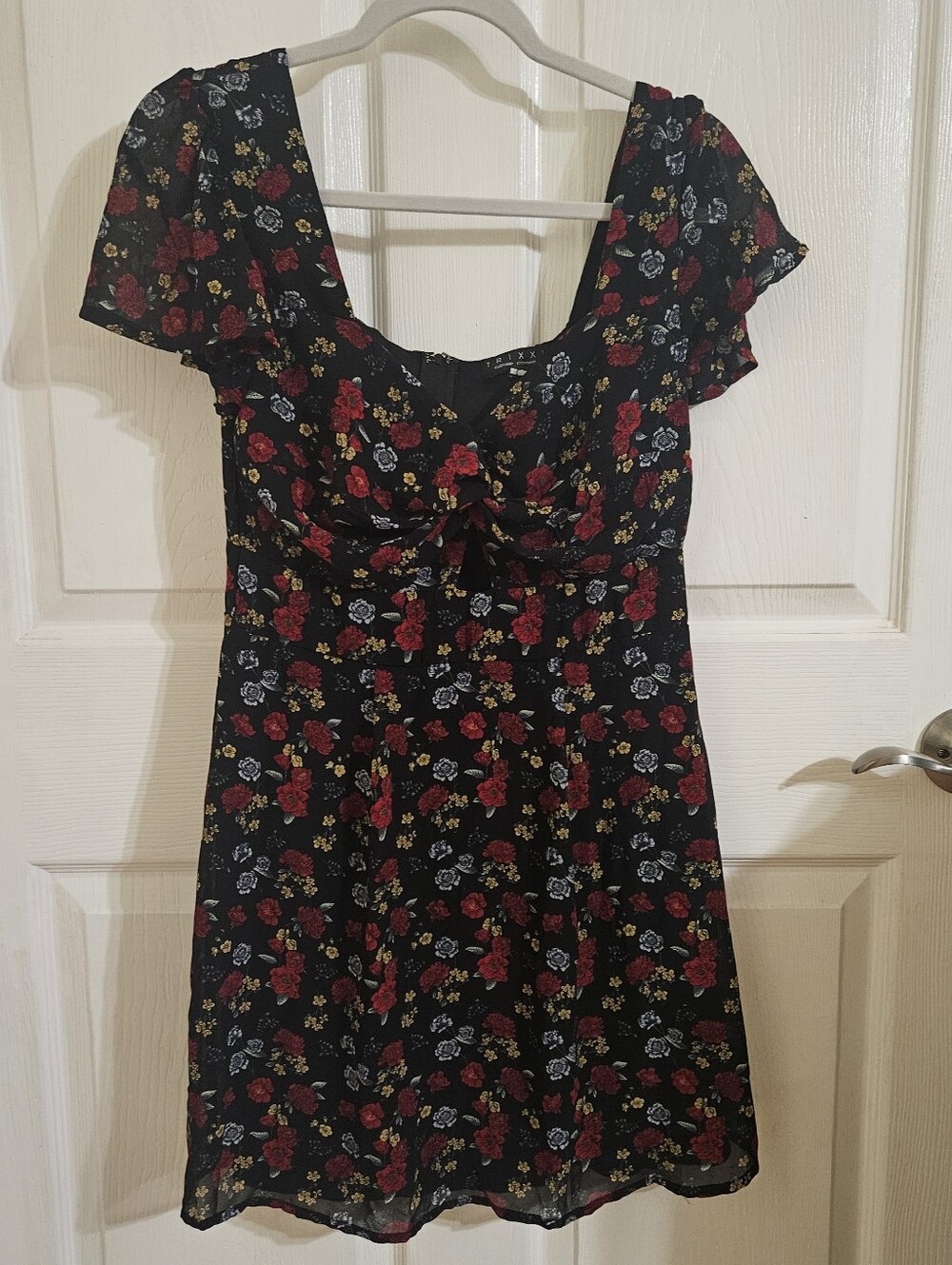 Trixxi Black Mini Dress with Red Rose & Blue Floral Print